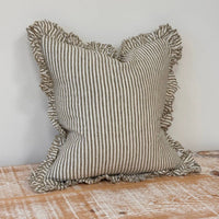 Thumbnail for Hallie Ruffled Linen Cushion – Olive Stripe: 53 x 53 cm