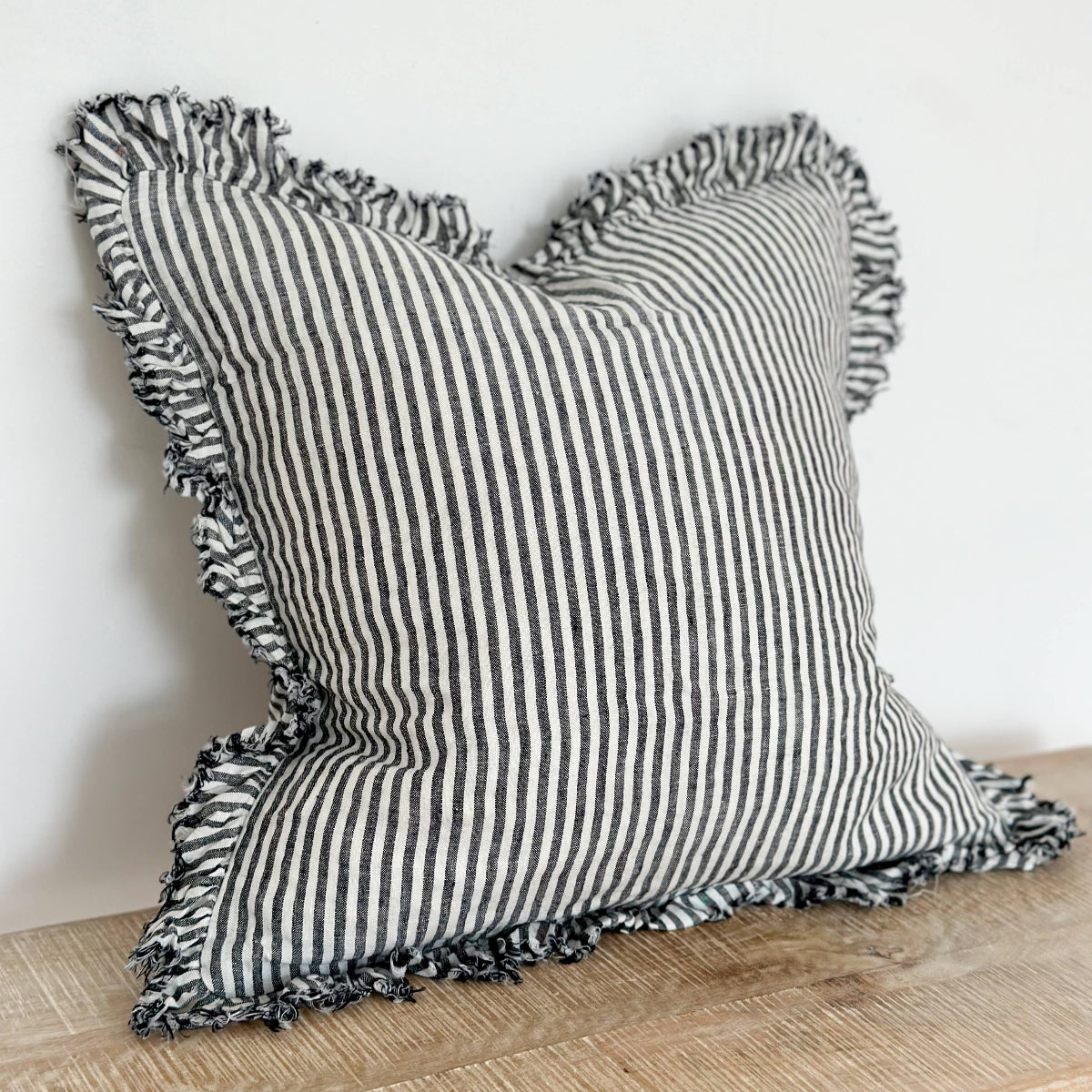 Hallie Ruffle Linen Cushion – Charcoal Stripe: 53 x 53 cm
