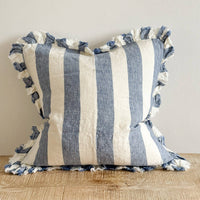 Thumbnail for Hallie Ruffled Linen Cushion Blue Wide Stripe: 45 x 45 cm