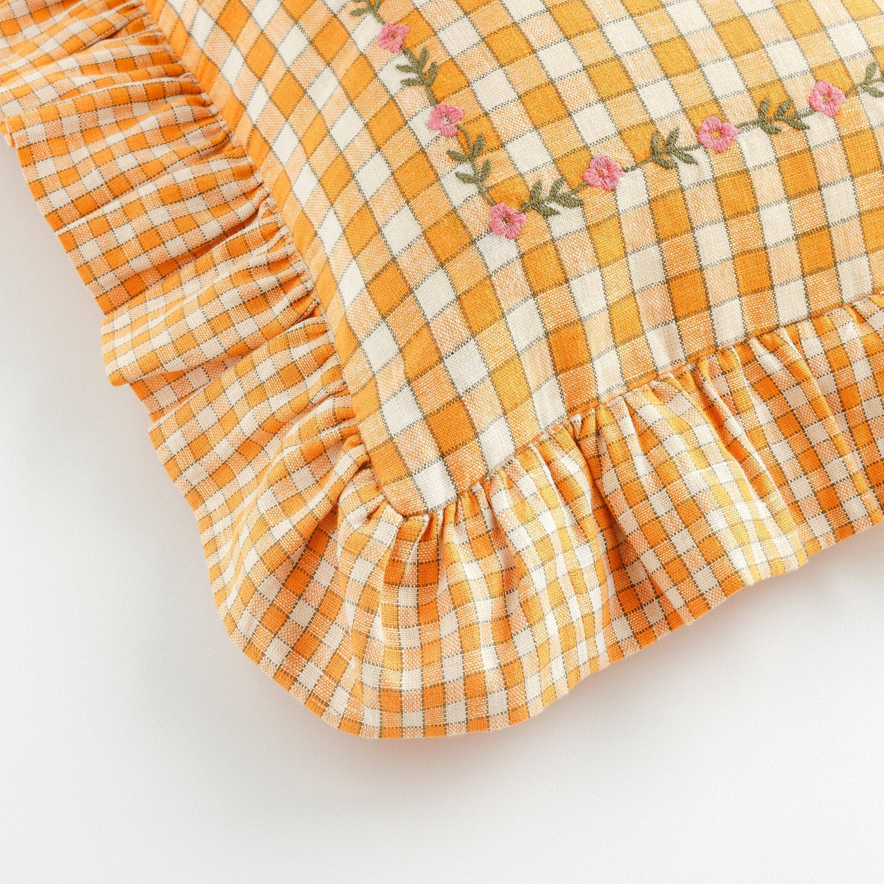 Gingham frill embroidered cushion, apricot