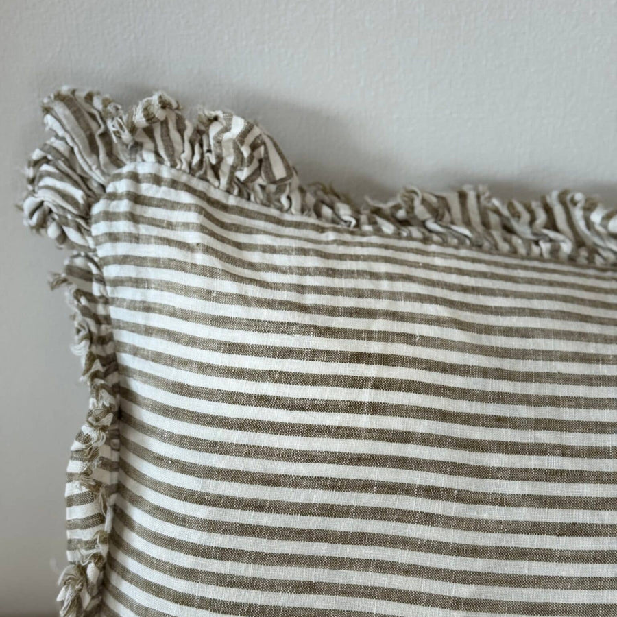 Hallie Bolster Linen Cushion  – Olive Stripe 80x30