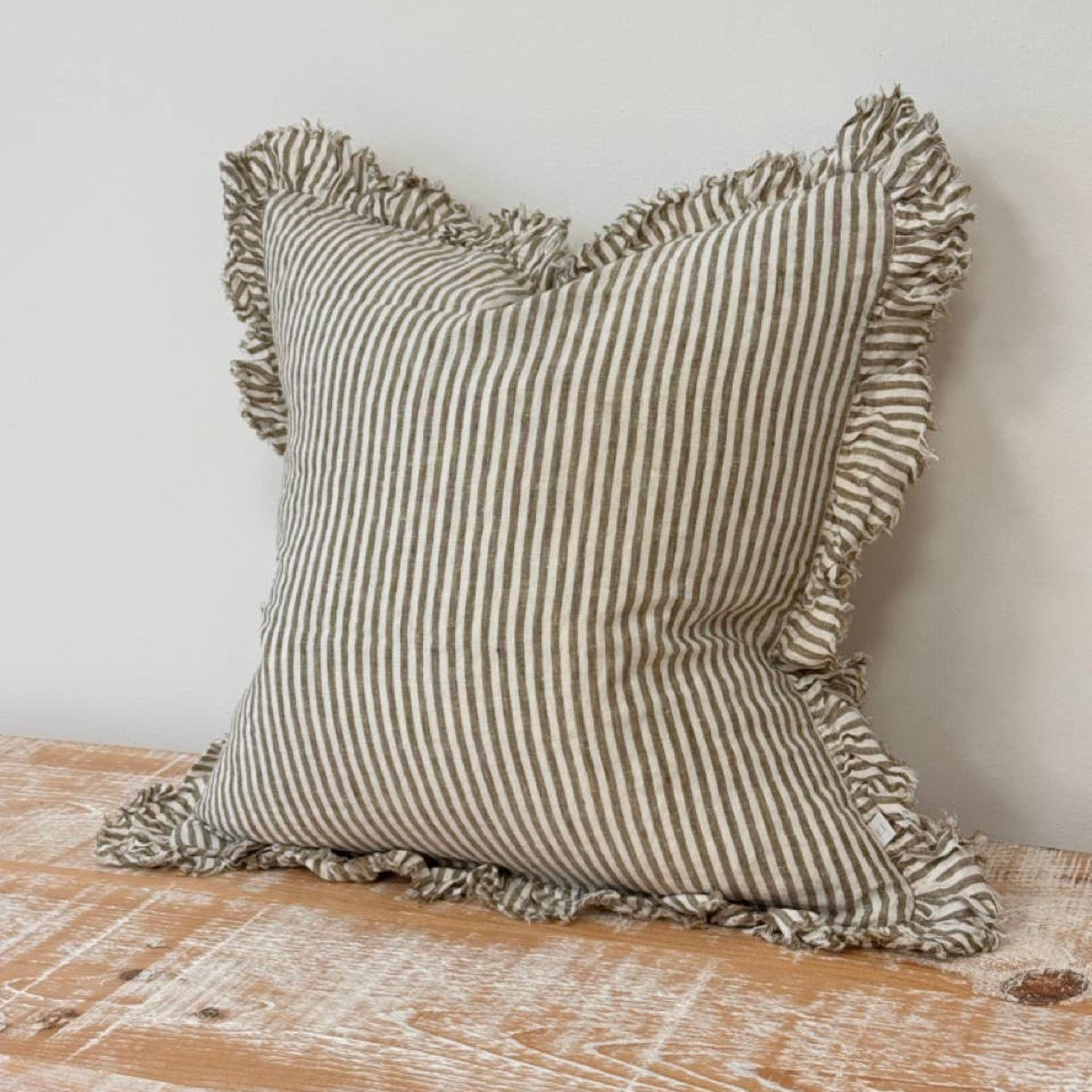 Hallie Ruffled Linen Cushion – Olive Stripe: 53 x 53 cm