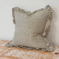 Thumbnail for Hallie Ruffled Linen Cushion – Olive Stripe: 53 x 53 cm