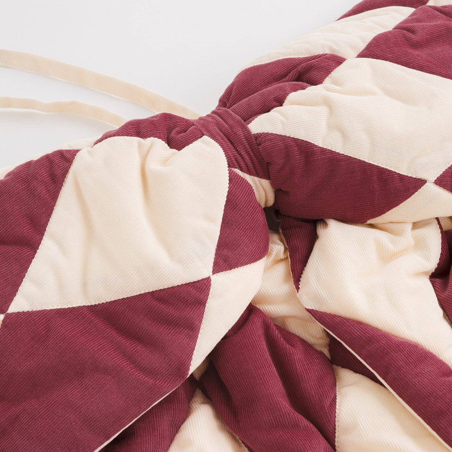 Harlequin cord patchwork bow, claret/cream
