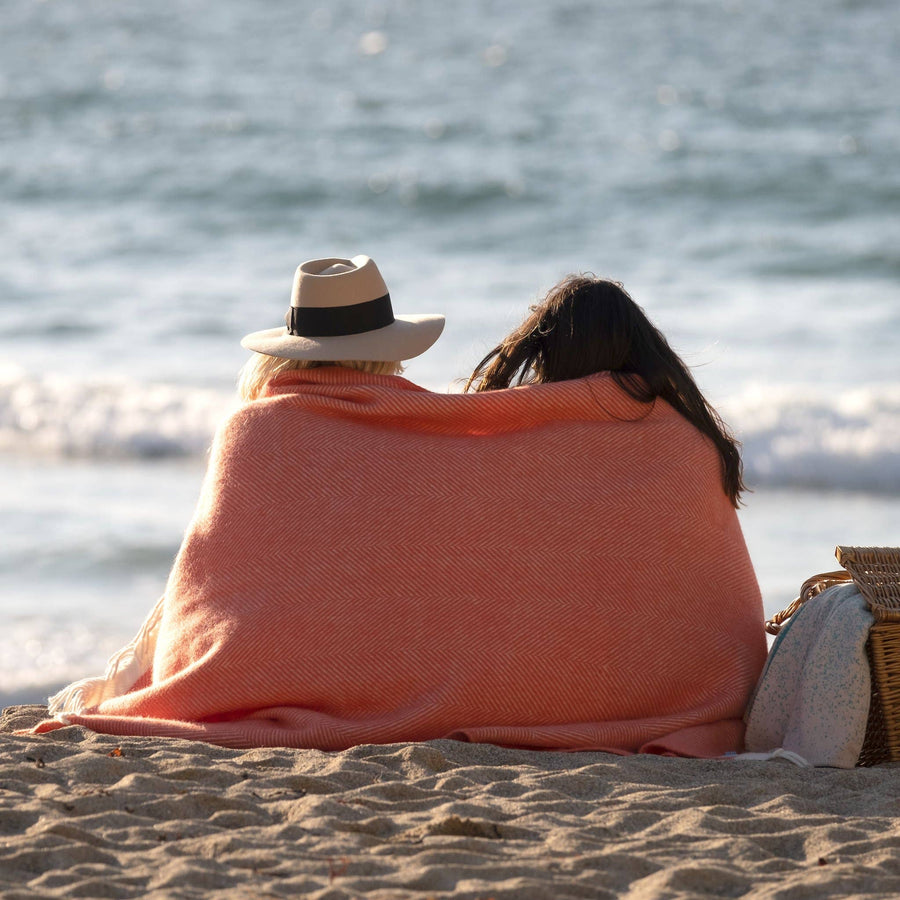 Coral Herringbone Wool Picnic Blanket