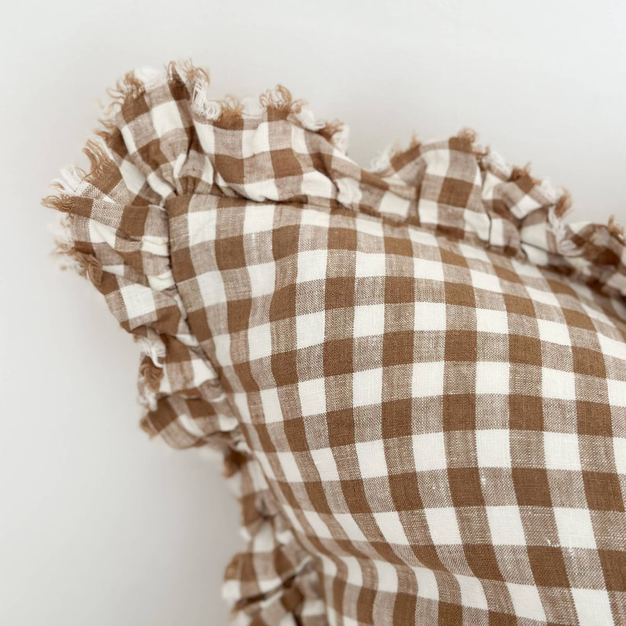 Hallie Ruffled Linen Cushion Brown Gingham 45cm x 45cm