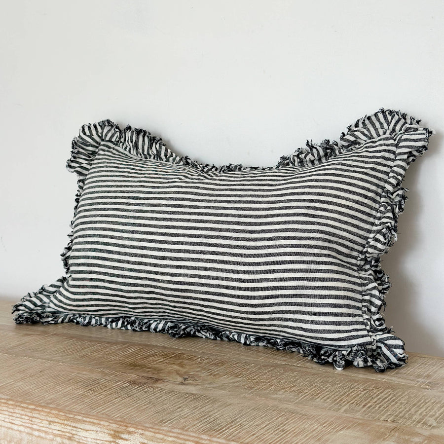 Hallie Ruffled Linen Cushion 50x30 – Charcoal Stripe