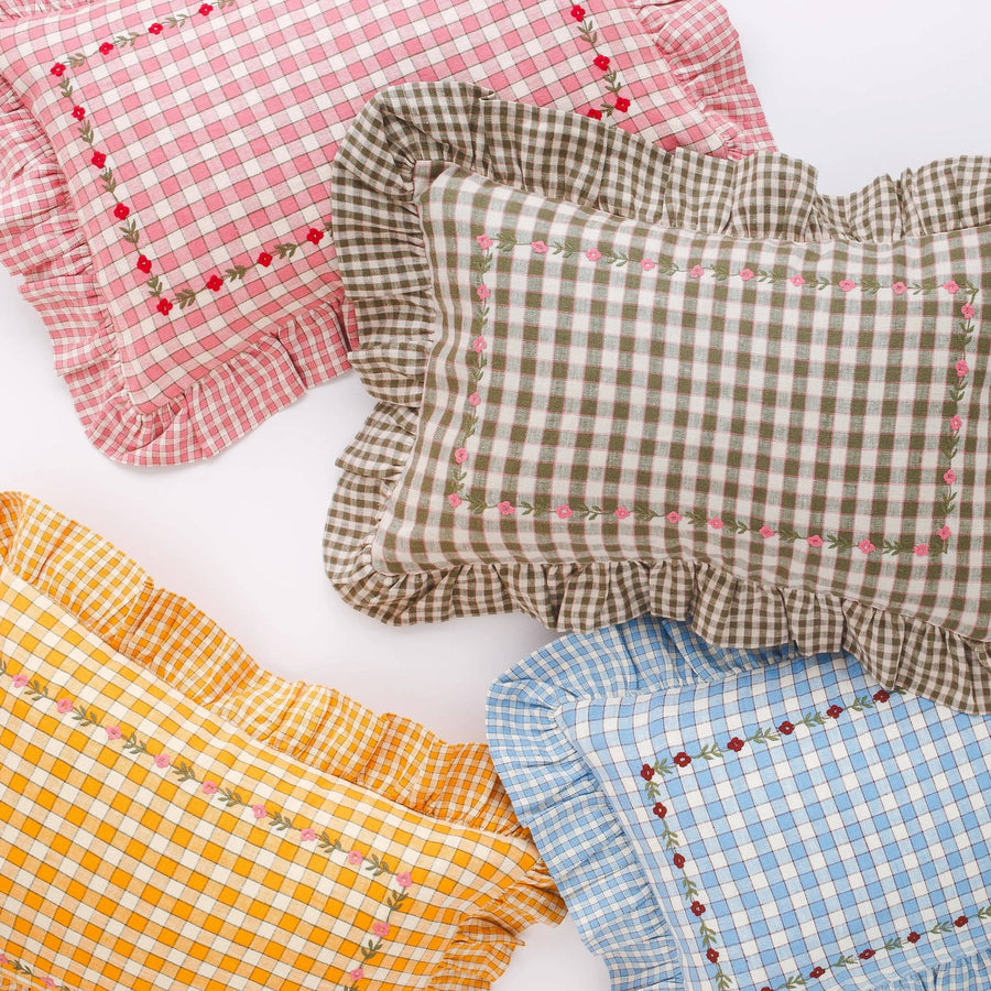 Gingham frill embroidered cushion, apricot