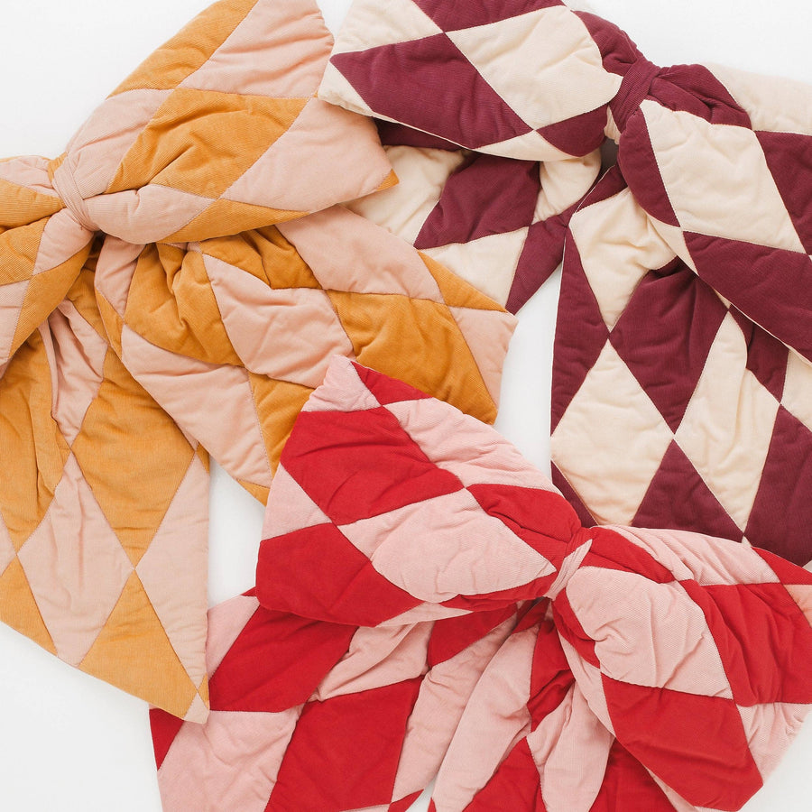 Harlequin cord patchwork bow, claret/cream