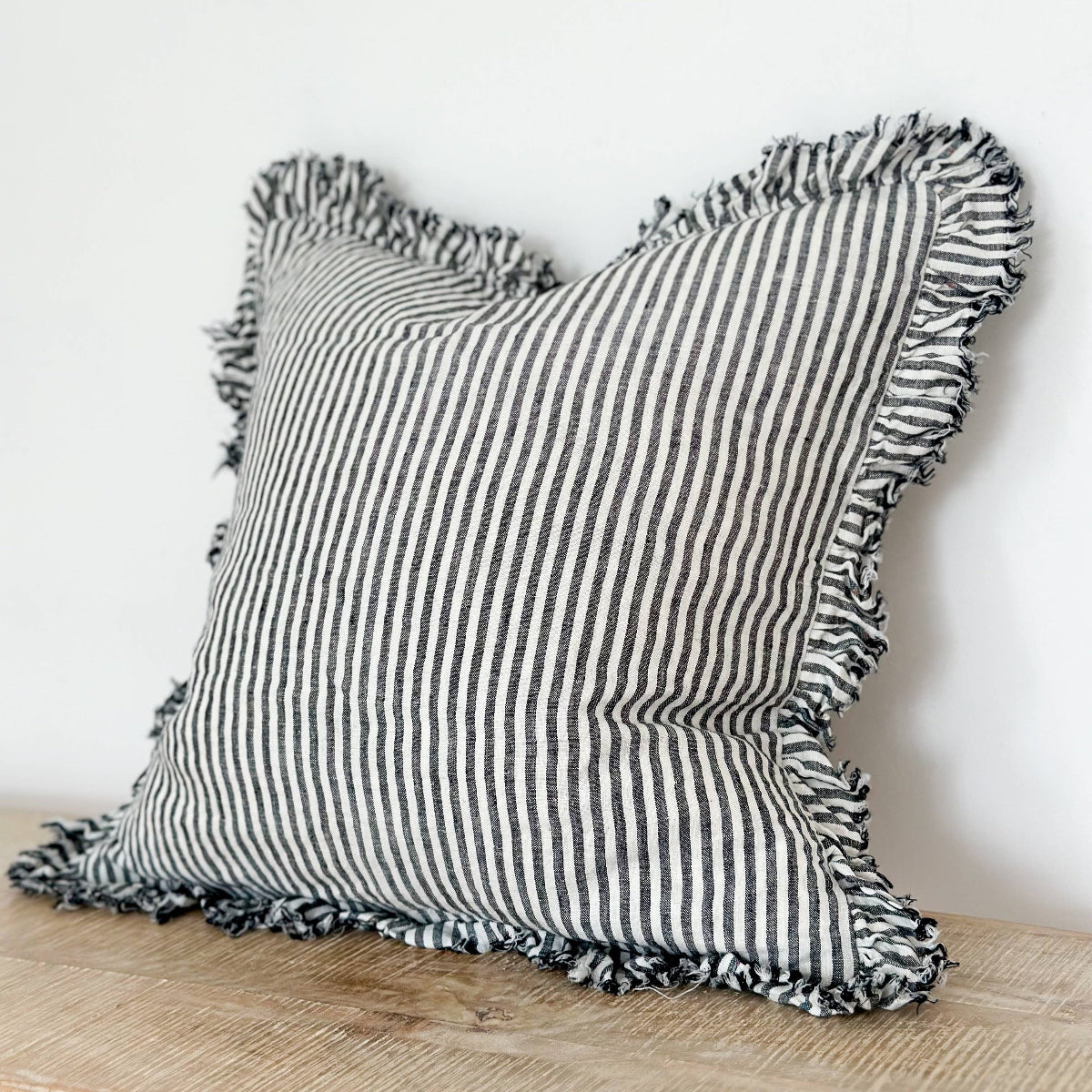 Hallie Ruffle Linen Cushion – Charcoal Stripe: 45 x 45 cm