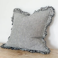 Thumbnail for Hallie Ruffle Linen Cushion – Charcoal Stripe: 45 x 45 cm