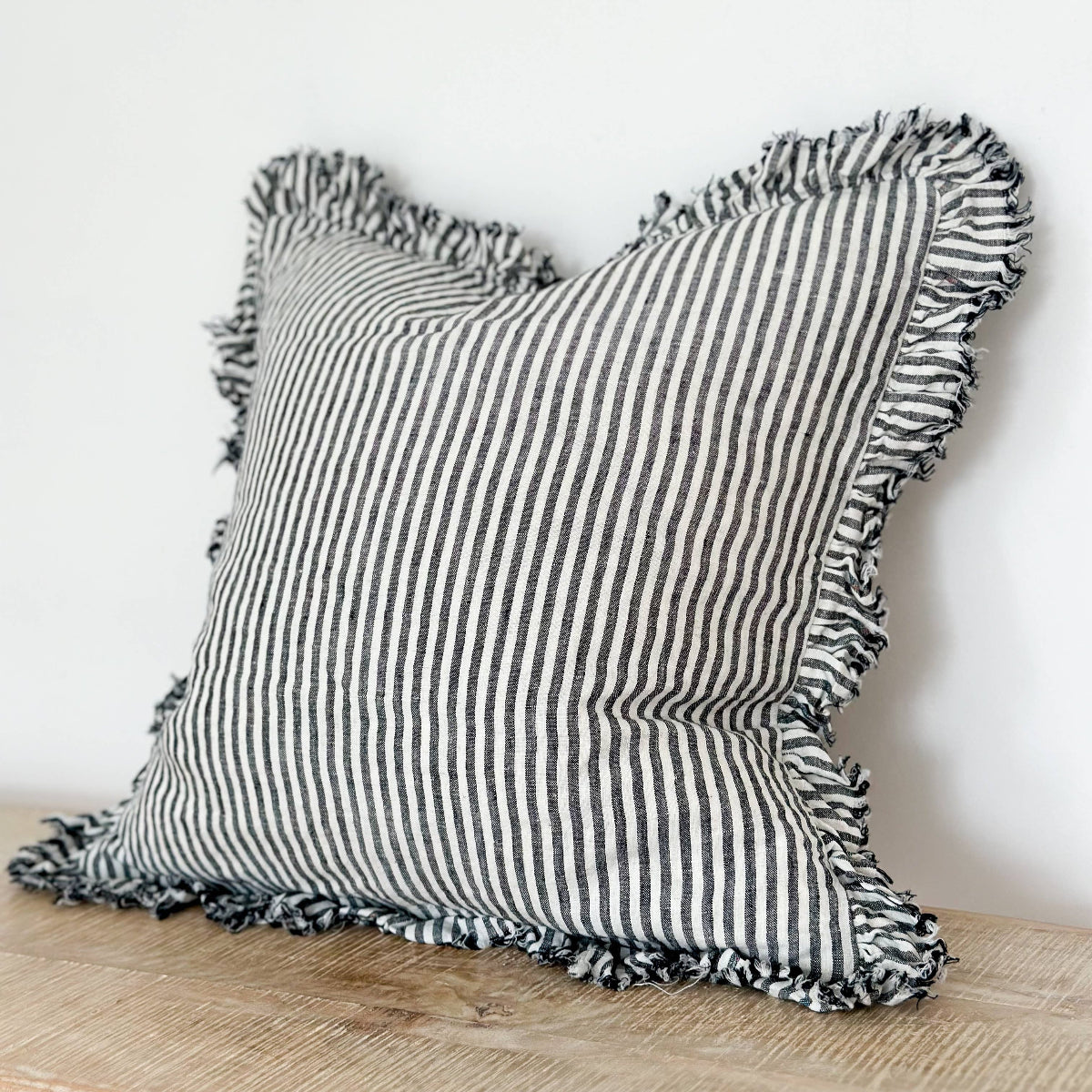 Hallie Ruffle Linen Cushion – Charcoal Stripe: 53 x 53 cm
