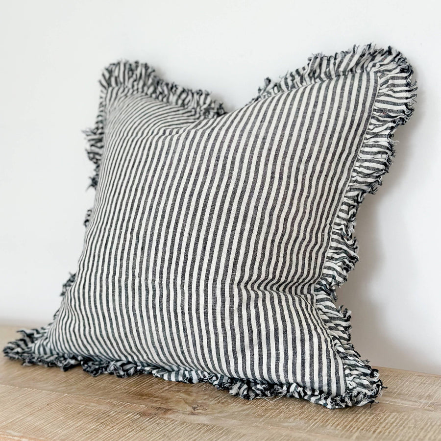 Hallie Ruffle Linen Cushion – Charcoal Stripe: 53 x 53 cm