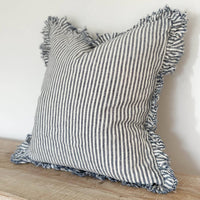 Thumbnail for Hallie Ruffled Linen Cushion – Navy Stripe: 45 x 45 cm