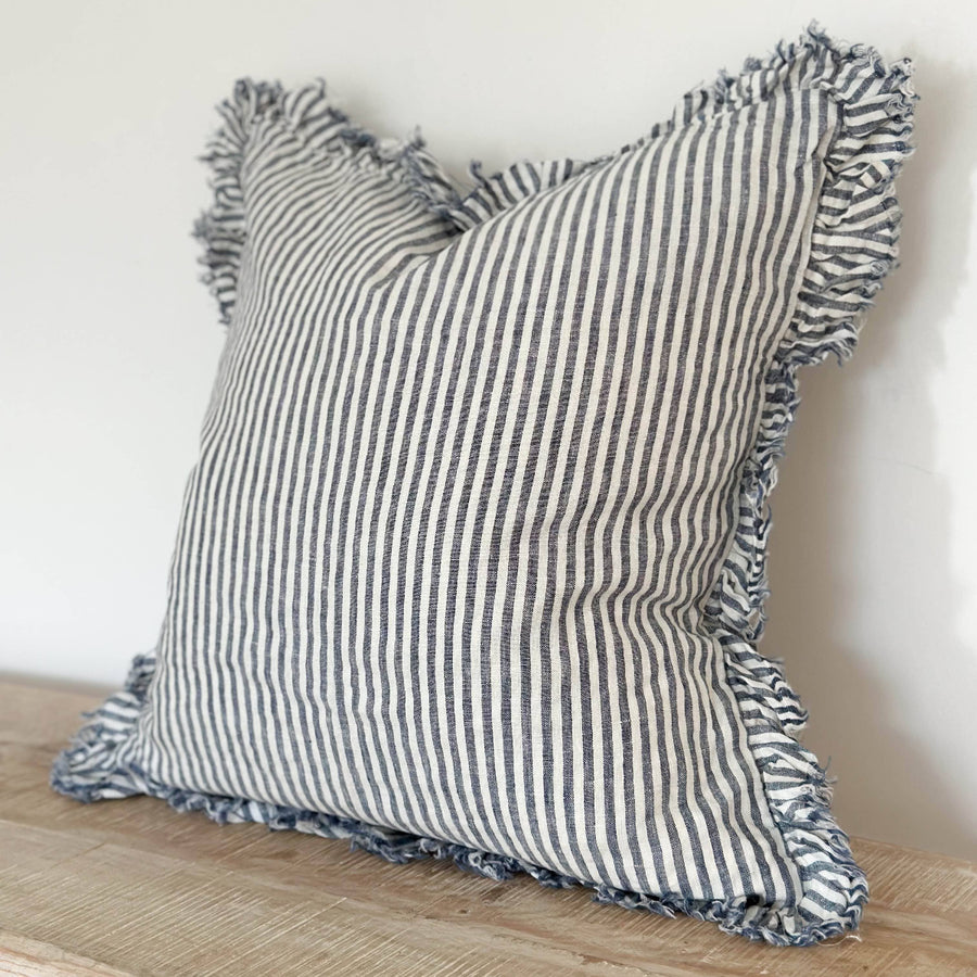 Hallie Ruffled Linen Cushion – Navy Stripe: 45 x 45 cm