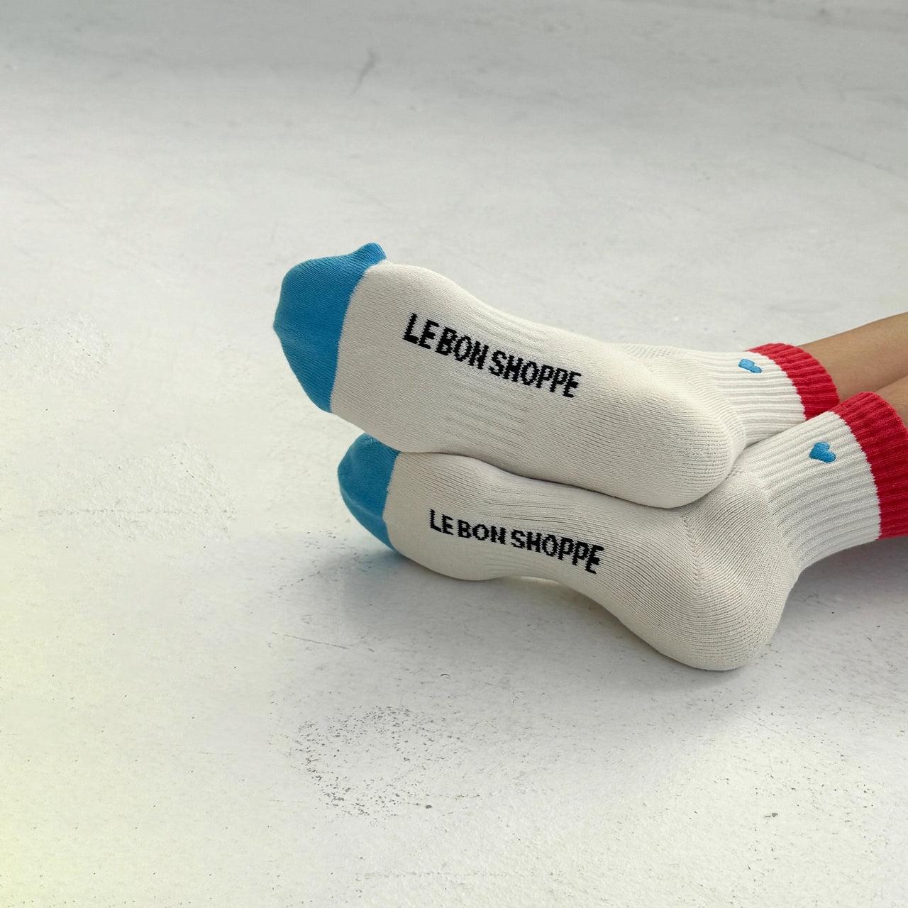 Embroidered Colour Block Girlfriend Socks Blue Red & Heart