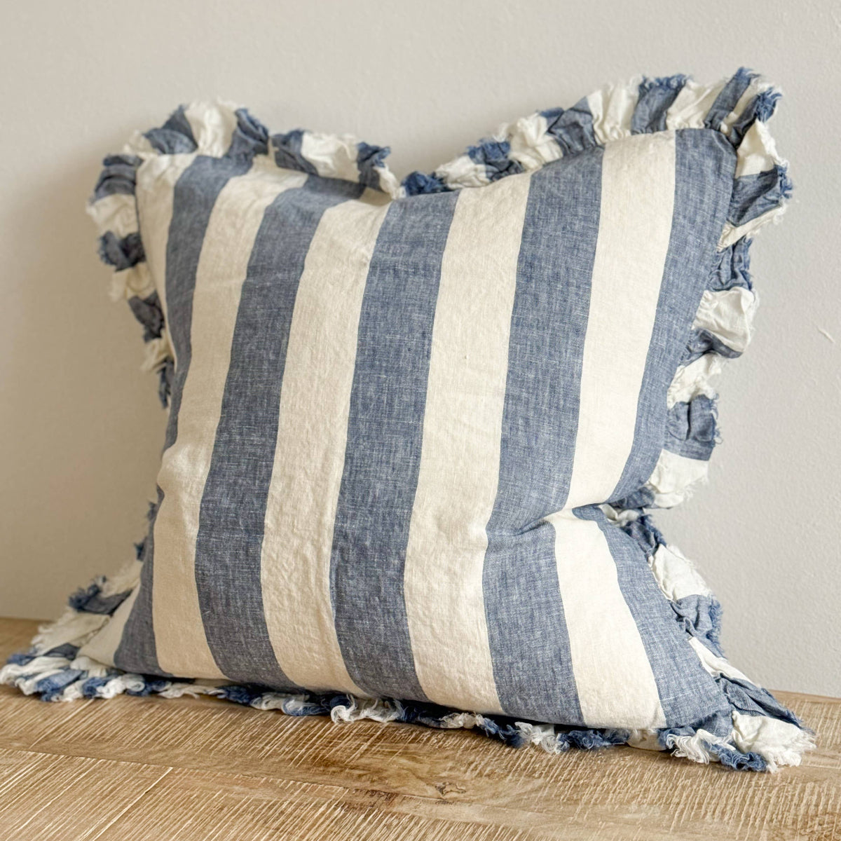 Hallie Ruffled Linen Cushion Blue Wide Stripe: 45 x 45 cm