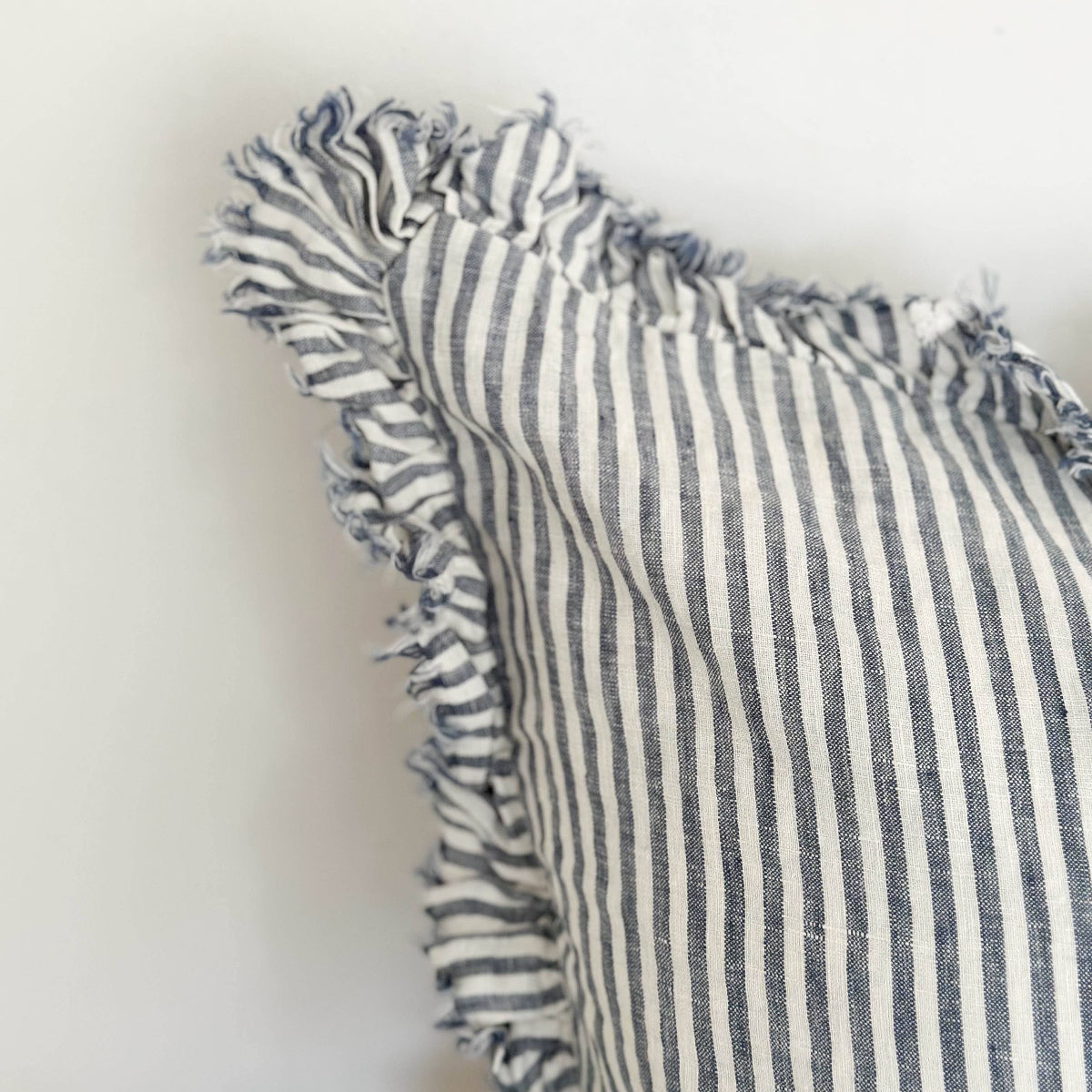 Hallie Ruffled Linen Cushion – Navy Stripe: 45 x 45 cm