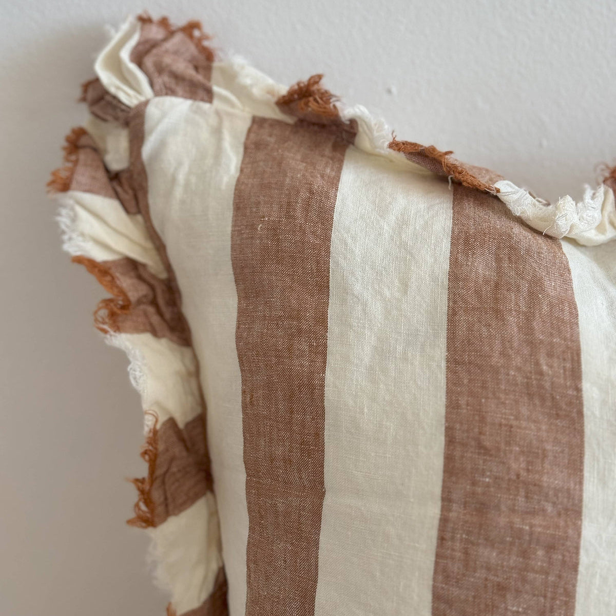 Hallie Ruffled Linen Cushion 45x45cm – Wide Rust Stripe