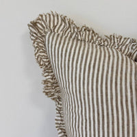 Thumbnail for Hallie Ruffled Linen Cushion – Olive Stripe: 53 x 53 cm