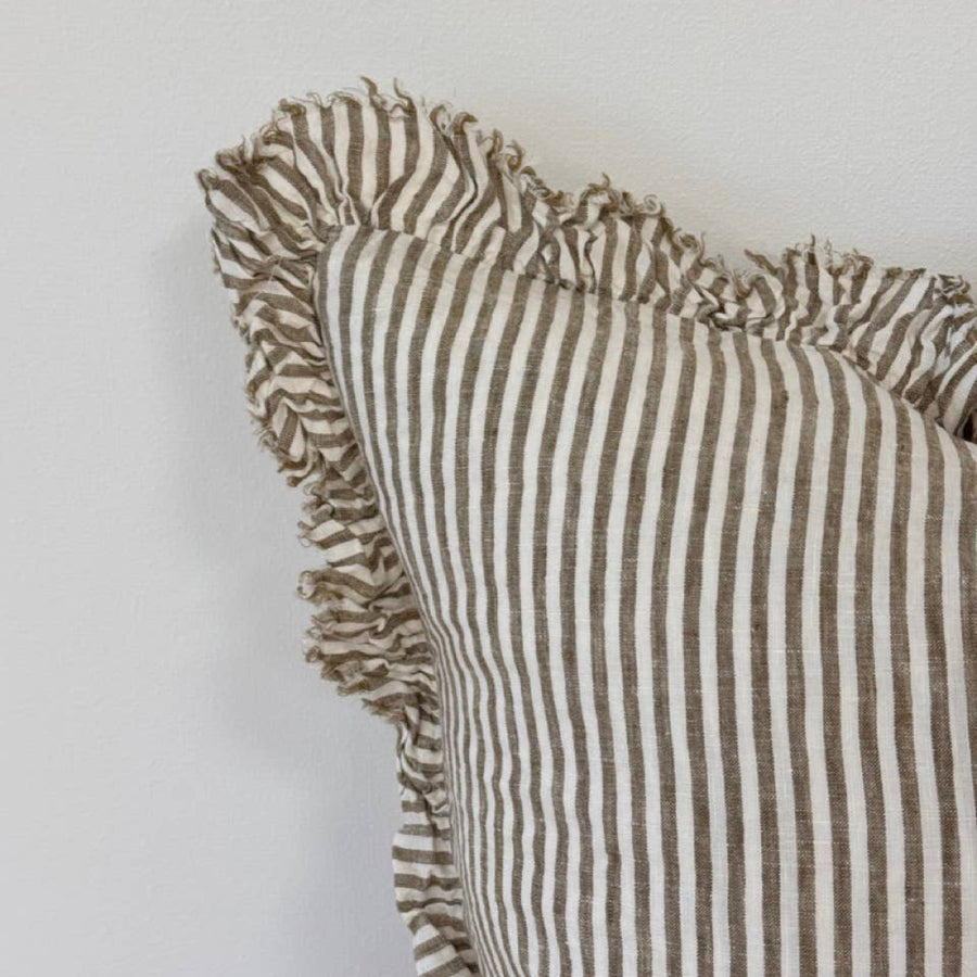 Hallie Ruffled Linen Cushion – Olive Stripe: 53 x 53 cm