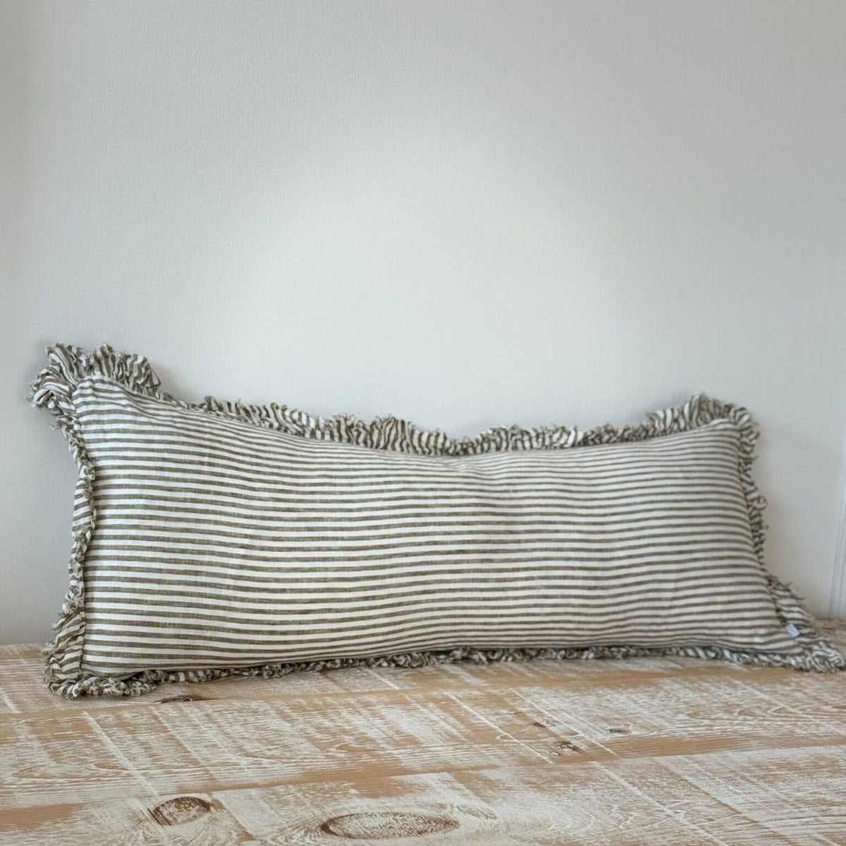 Hallie Bolster Linen Cushion  – Olive Stripe 80x30