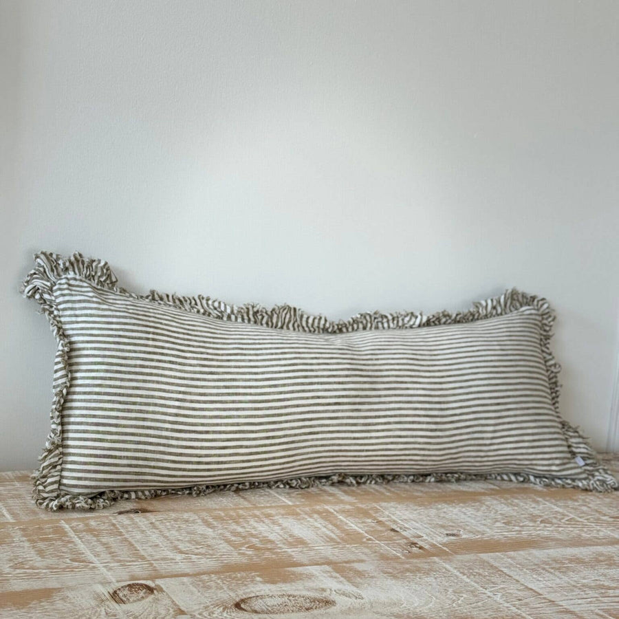 Hallie Bolster Linen Cushion  – Olive Stripe 80x30