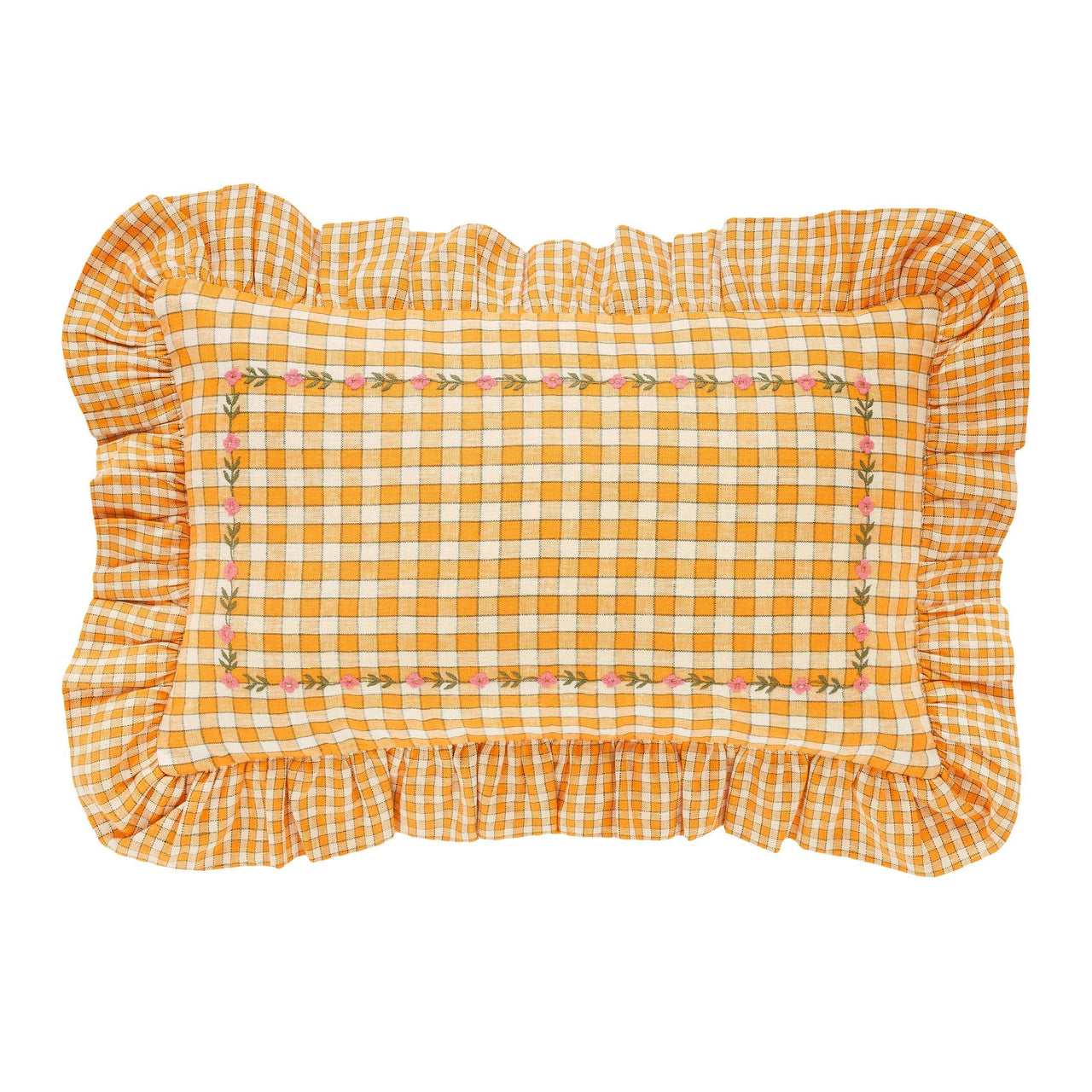 Gingham frill embroidered cushion, apricot