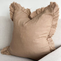 Thumbnail for Hallie Ruffled Linen Cushion Coffee Brown: 53 x 53 cm