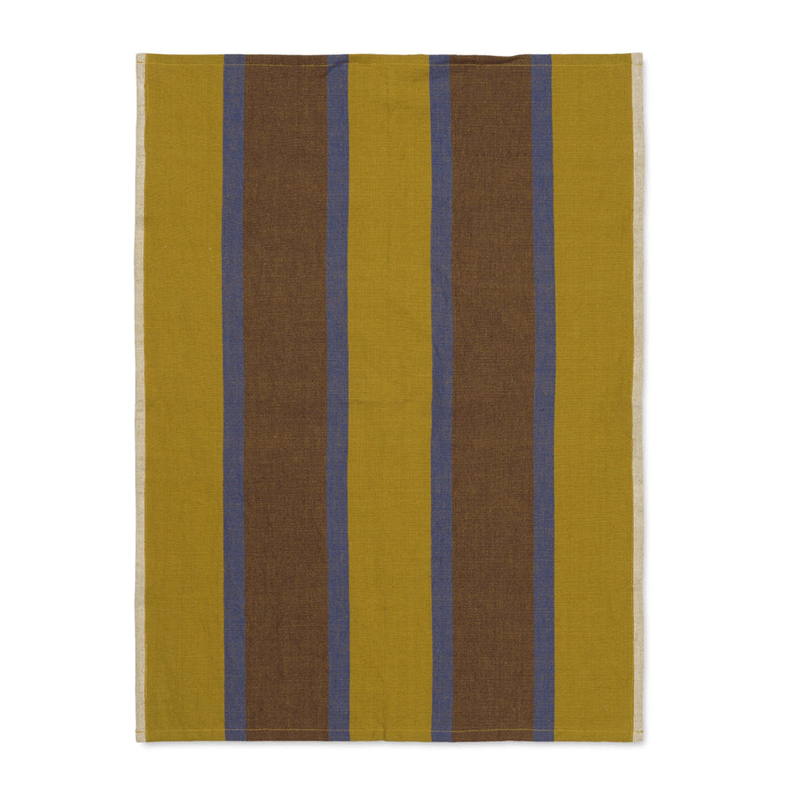 Ferm Living Rectangular mat with vertical stripes in brown, yellow, and blue on a white background