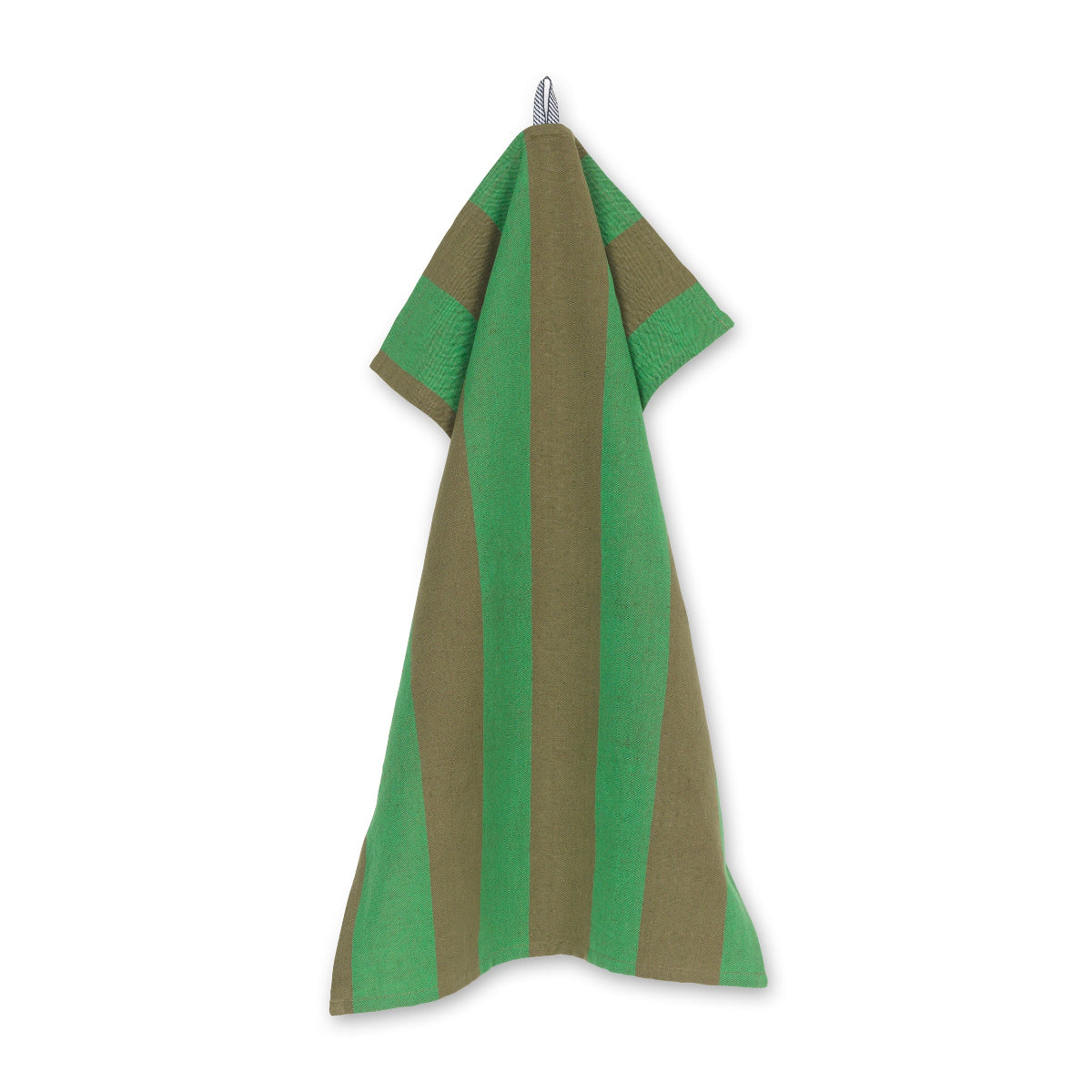 Green and brown striped towel hanging on a white background