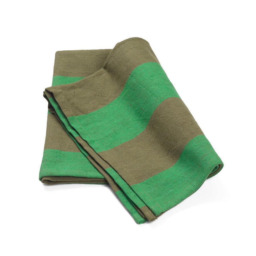 Green and brown striped tea towel on a white background