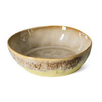 Thumbnail for A handmade ceramic bowl with a glossy beige and brown glaze and a rustic, textured brown band around the rim, shown on a plain white background.