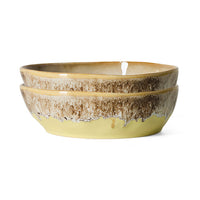 Thumbnail for Two stacked HKLIVING 70s ceramic bowls with a rustic dripping glaze design, featuring a pale yellow-green base and a textured brown and beige upper section, set against a plain white background.