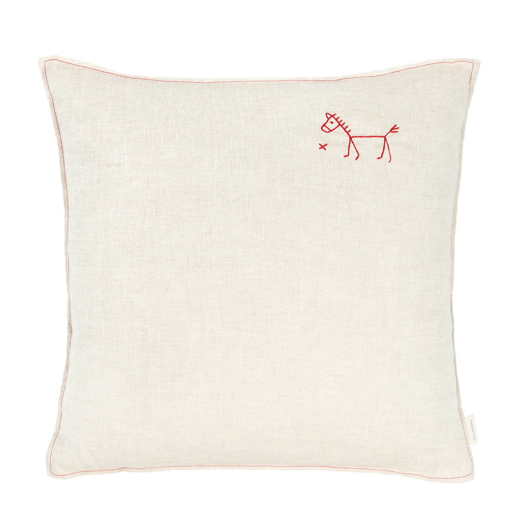 Embroidered square cushion L1N0 in washed French linen Greige