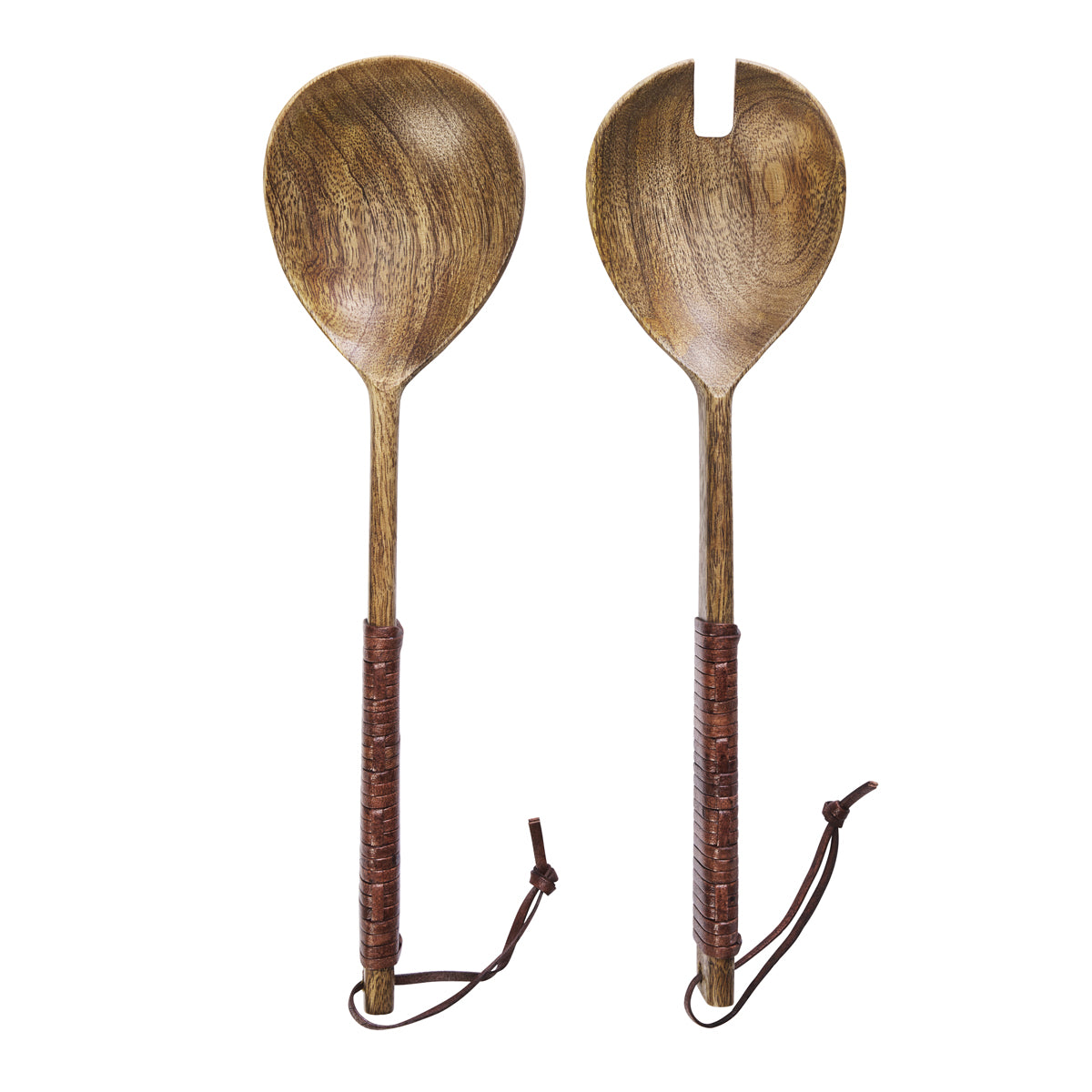 Wooden Salad Set W/ Leather