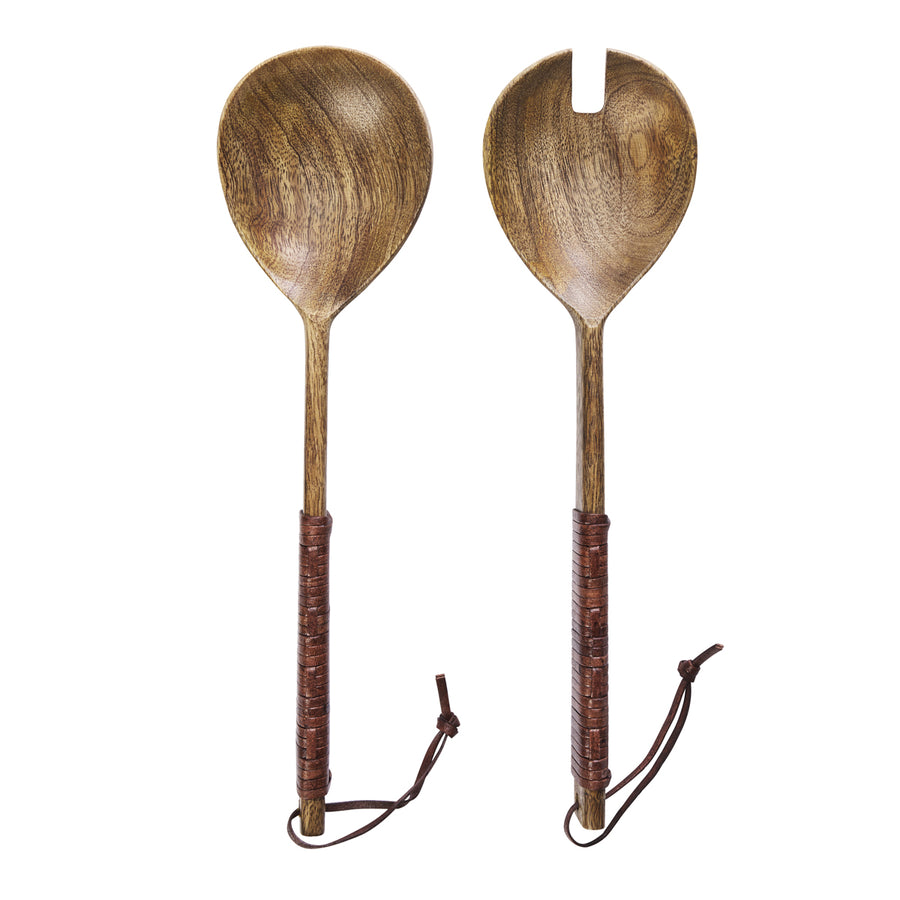 Wooden Salad Set W/ Leather