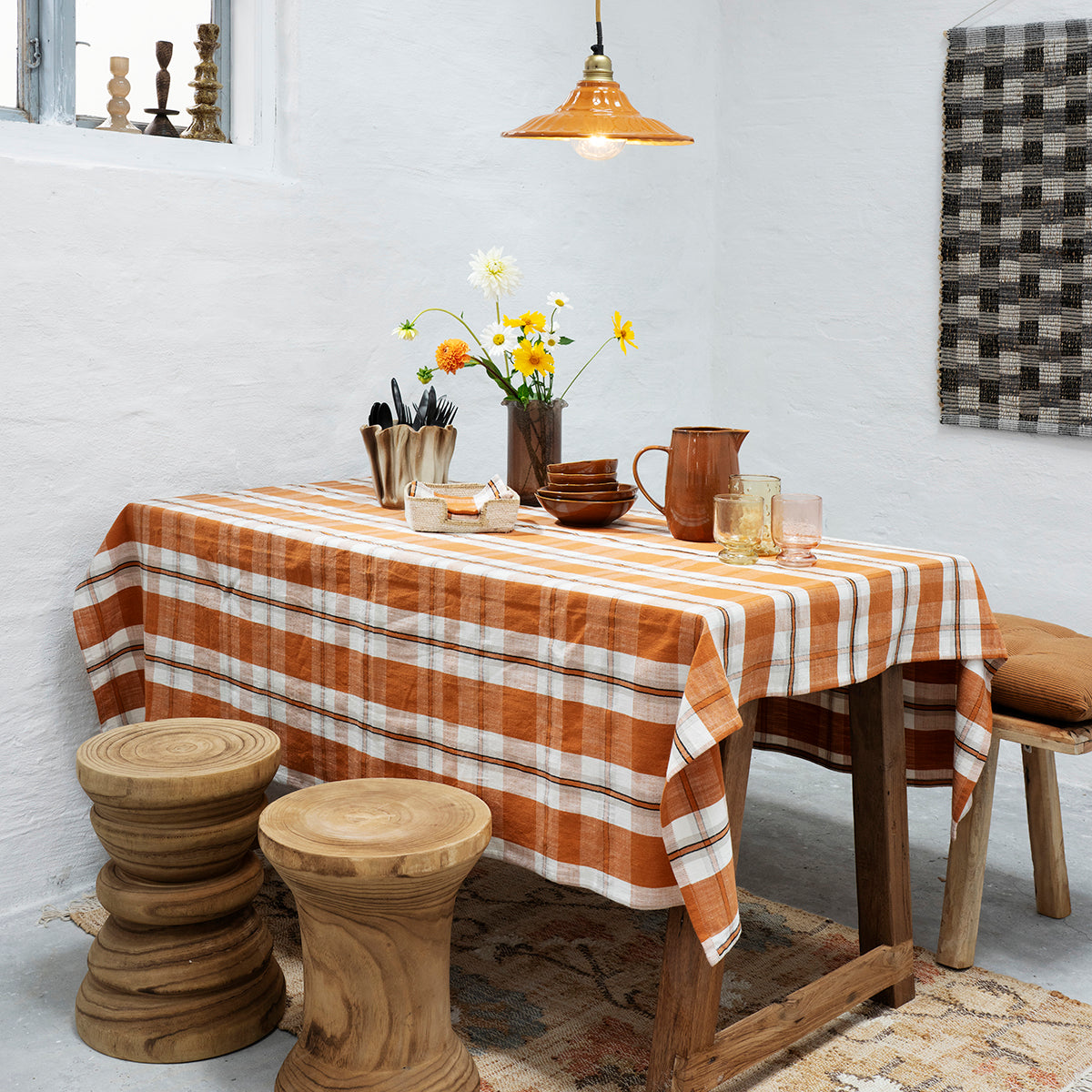 Checked Cotton Tablecloth - Pumpkin Spice 150x150 cm