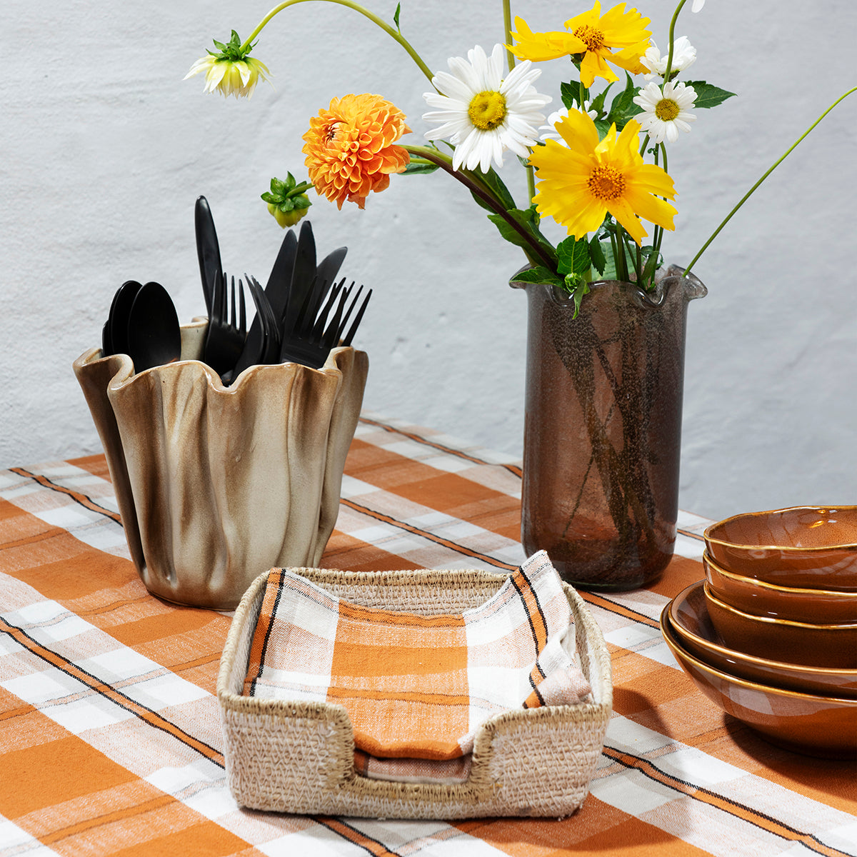 Checked Cotton Tablecloth - Pumpkin Spice 150x150 cm