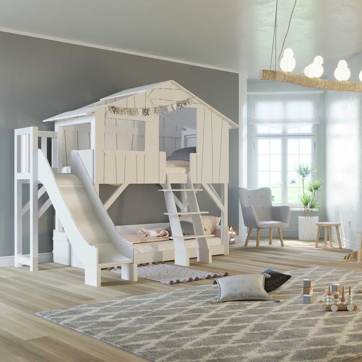 MDF Tree house Bunk Bed with Slide and Side Platform Mathy by Bols