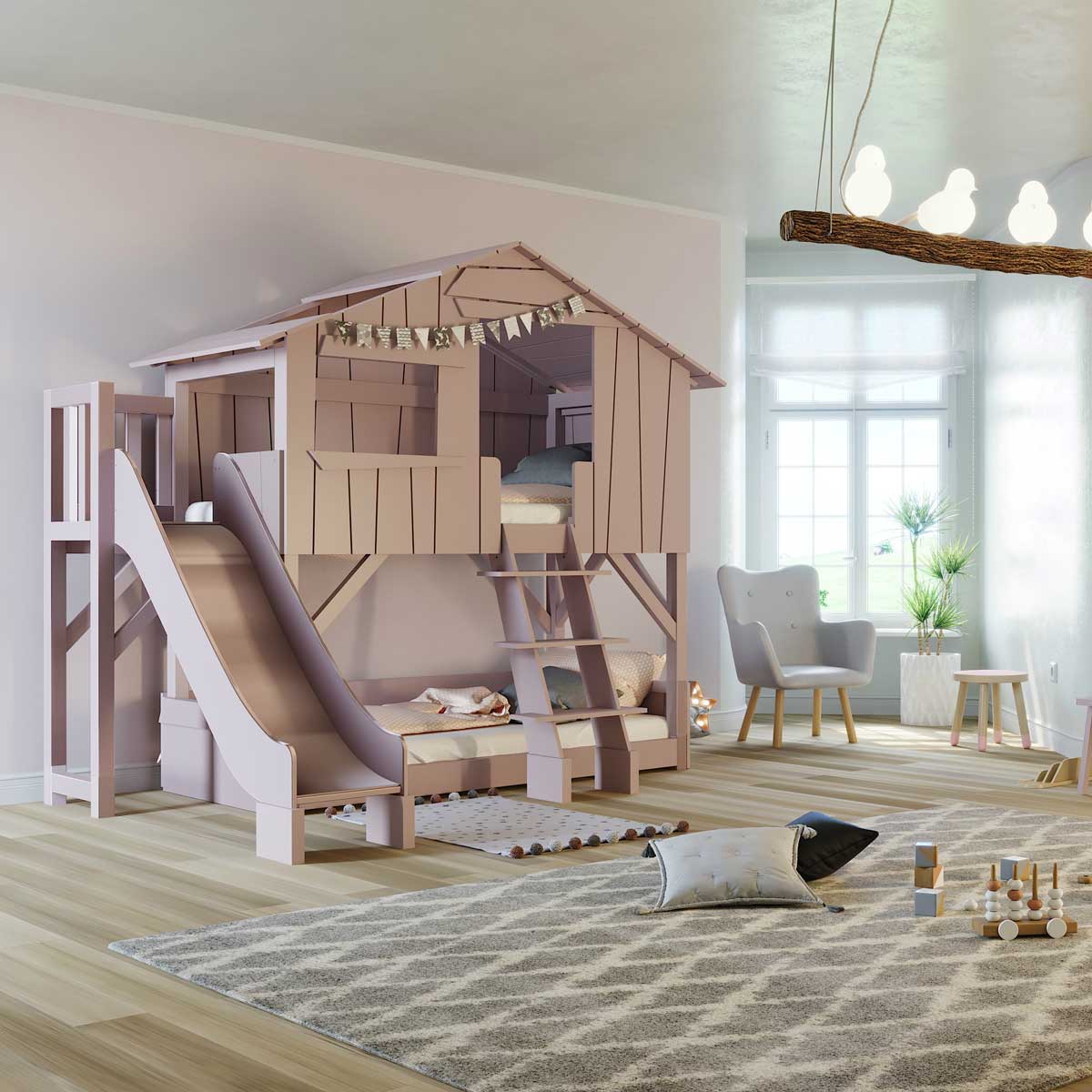 MDF Tree house Bunk Bed with Slide and Side Platform Mathy by Bols