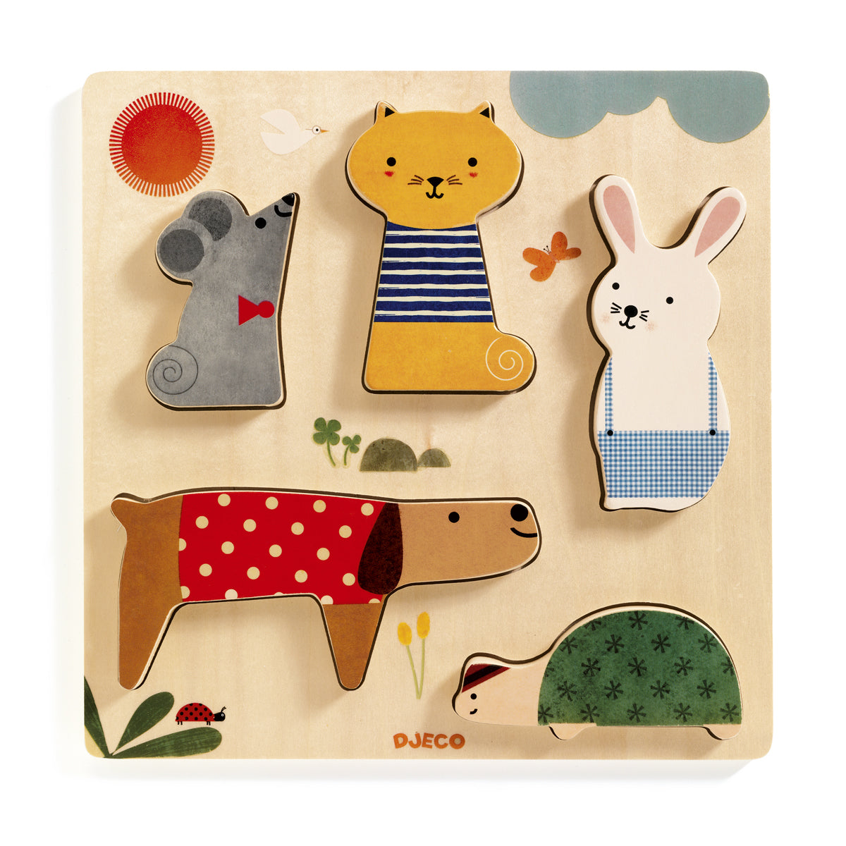 Woodypets wooden puzzle from Djeco with rabbit mouse cat dog snail
