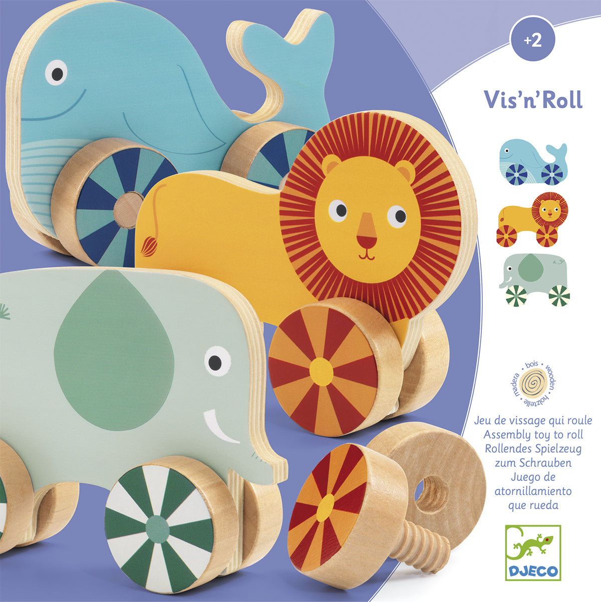 Vis'n'roll wooden screw on toy Djeco Lion Elephant Whale
