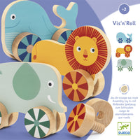 Thumbnail for Vis'n'roll wooden screw on toy Djeco Lion Elephant Whale