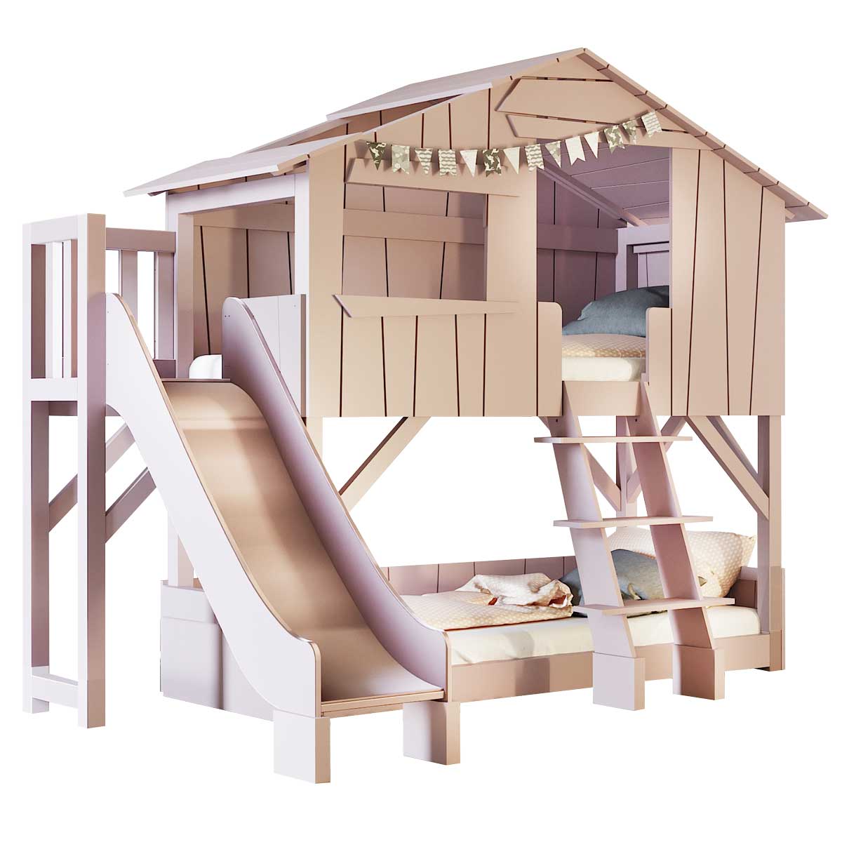 MDF Tree house Bunk Bed with Slide and Side Platform Mathy by Bols